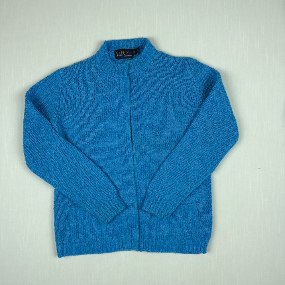 LeRoy Knitwear Vintage Blue Open Front Cardigan Sweater Mock Neck Pockets Medium